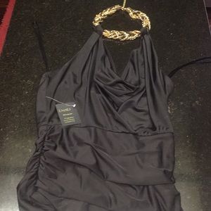 Black halter top w/black & gold beaded necklace